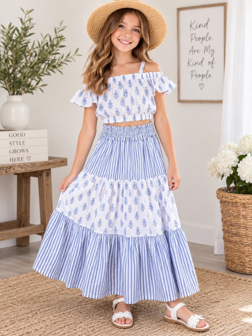 Haute Hippie Kids Blue White Boho Crop Top Tiered Maxi Skirt Set Girls L 10/12
